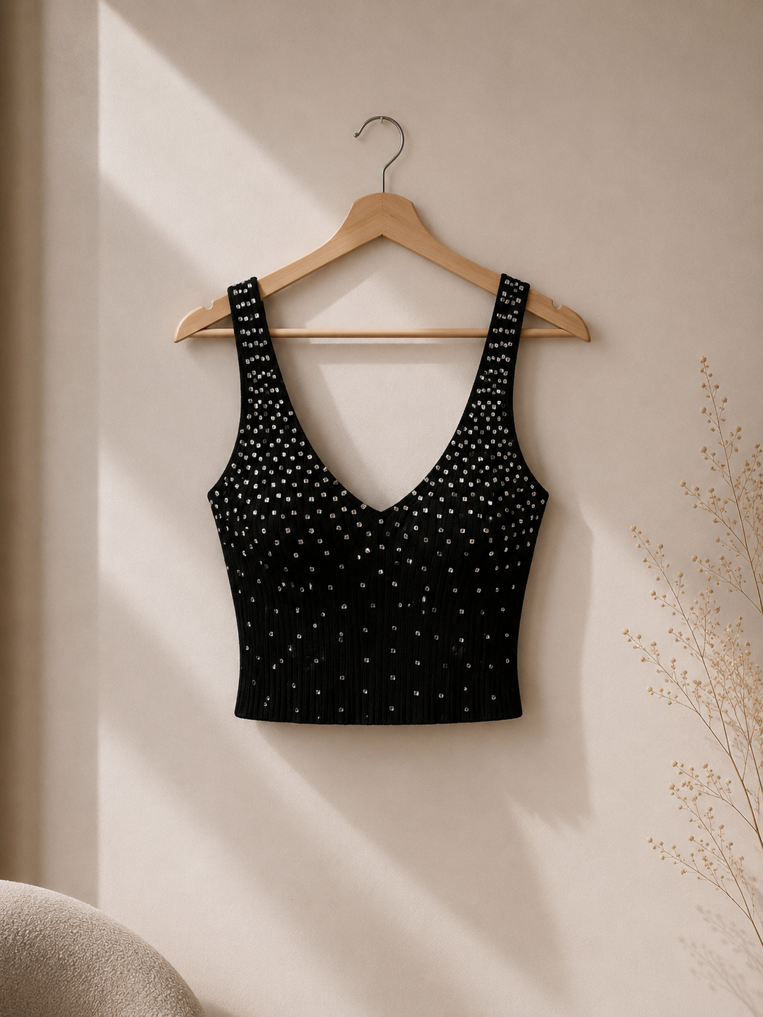 Ref A38: Top noir Zara côtelé avec strass S