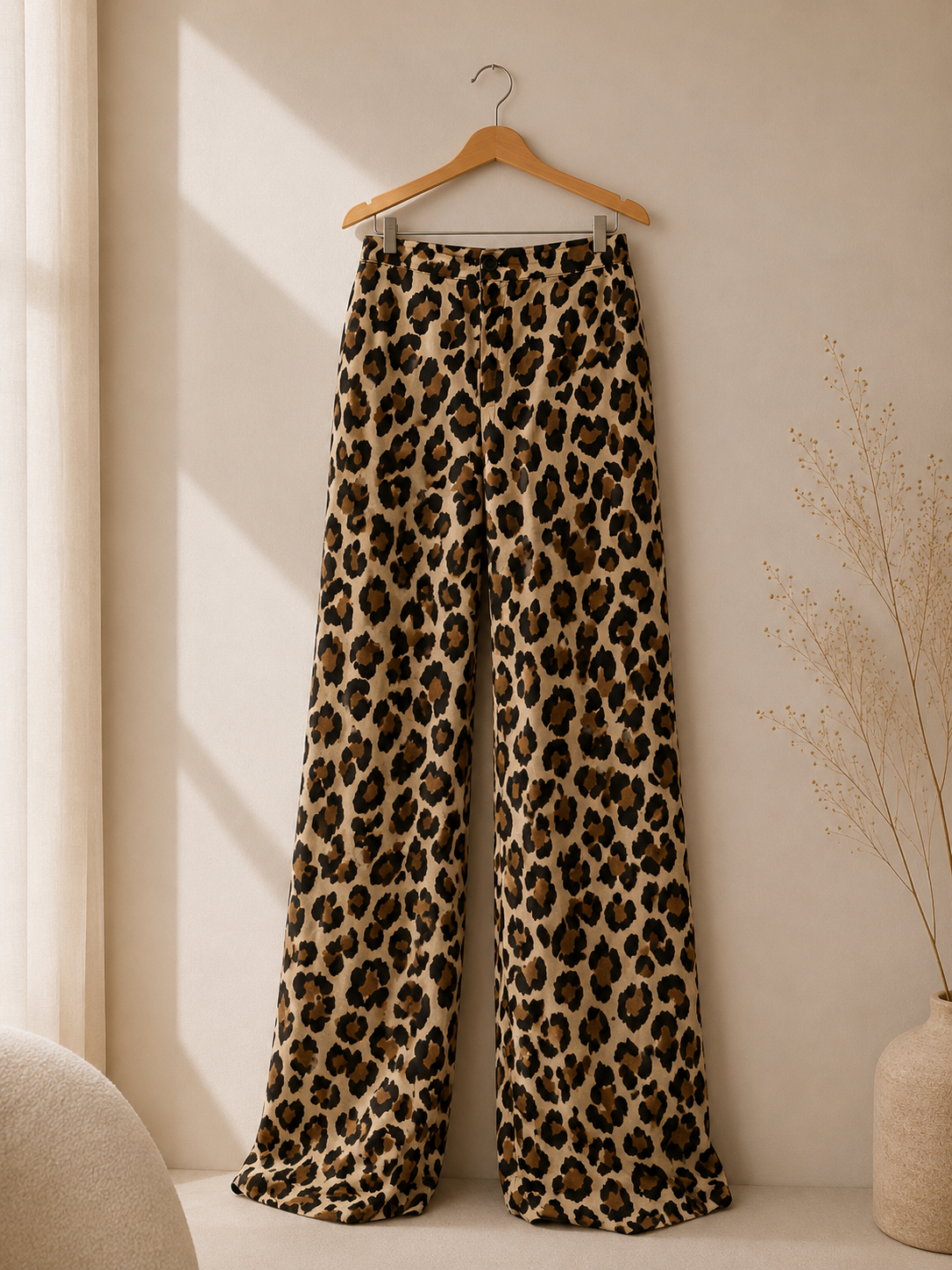 Ref A33: Pantalon palazzo fluide à imprimé léopard dans des tons camel, beige et noir - M ou L