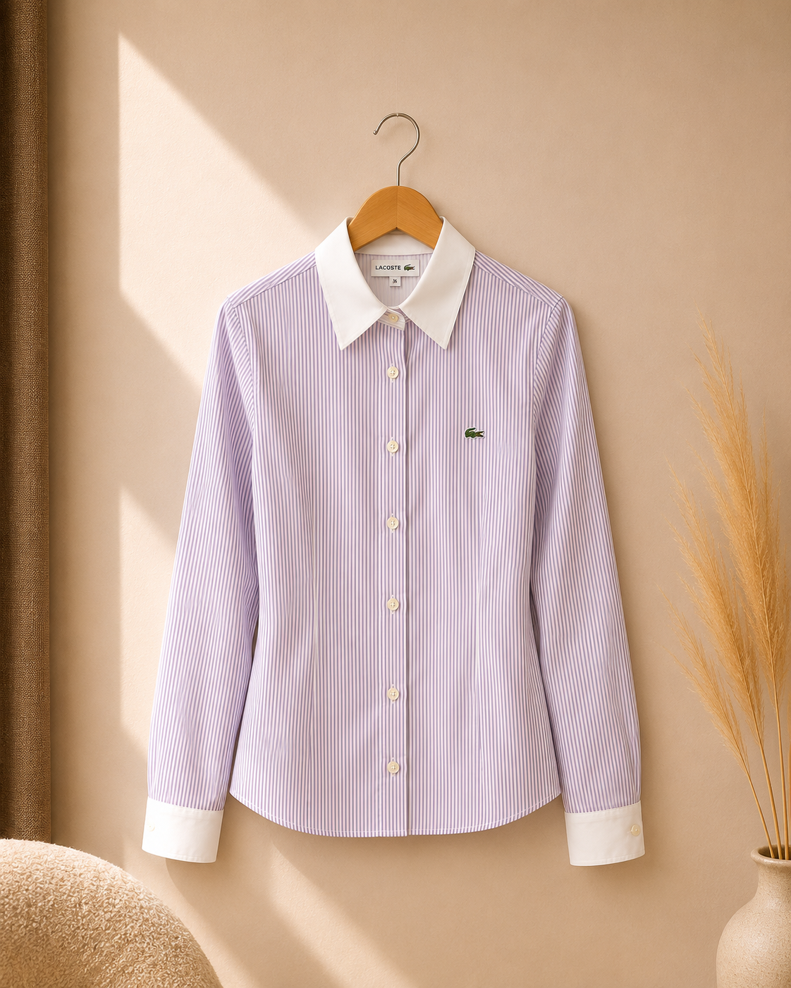 Ref A18: Chemise Lacoste rayée lilas – Taille 36 (S)