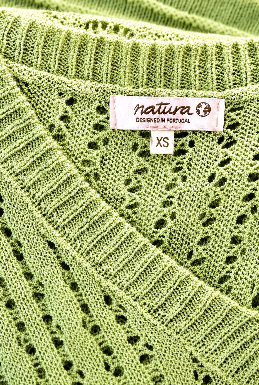 A04 – Robe Natura vert sauge en maille ajourée – Taille XS – Made in Portugal – Seconde main