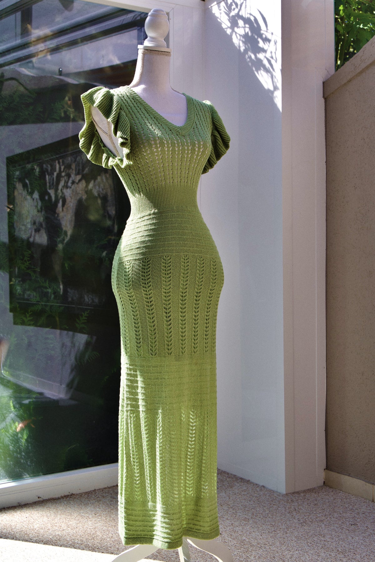 A04 – Robe Natura vert sauge en maille ajourée – Taille XS – Made in Portugal – Seconde main
