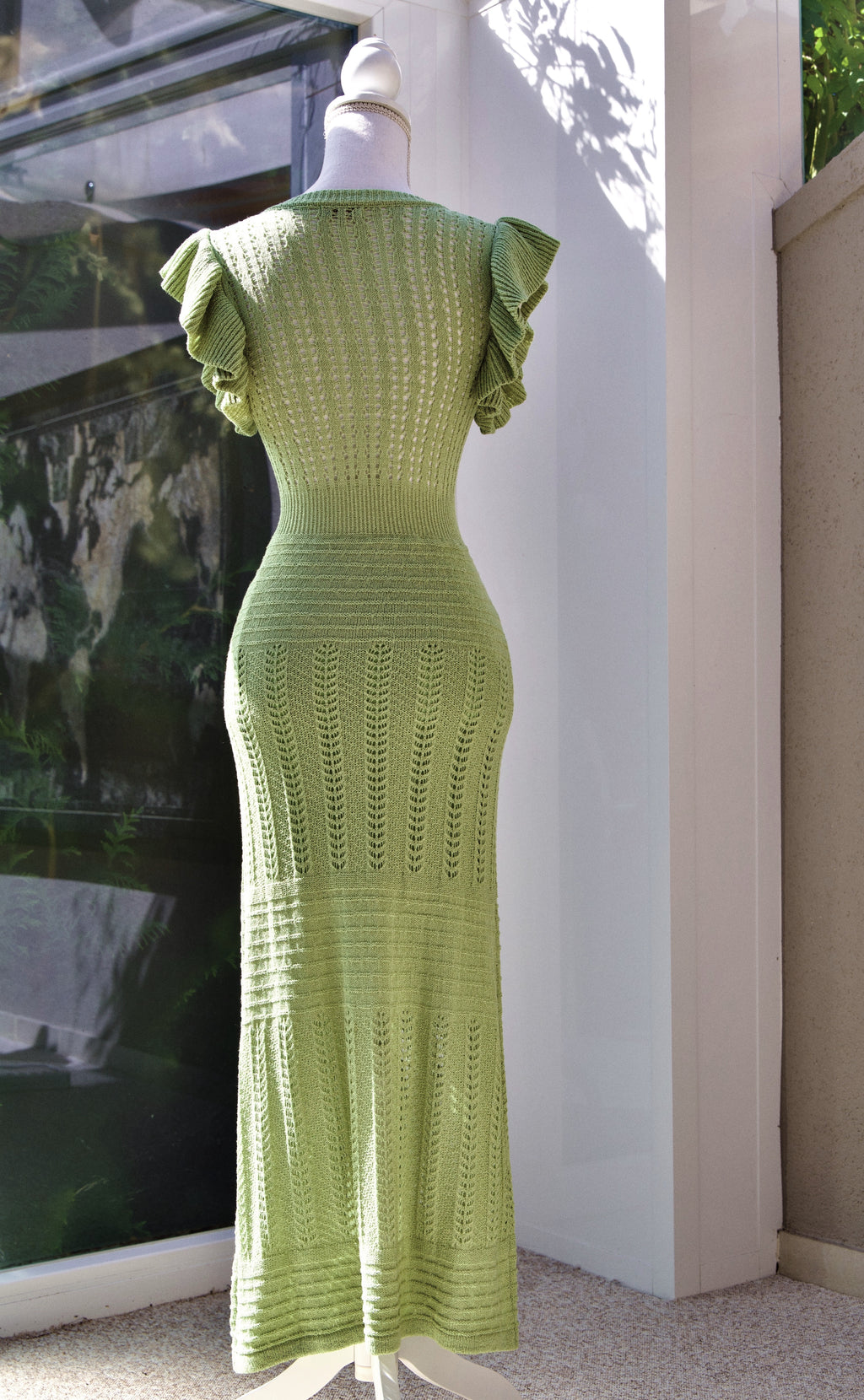 A04 – Robe Natura vert sauge en maille ajourée – Taille XS – Made in Portugal – Seconde main