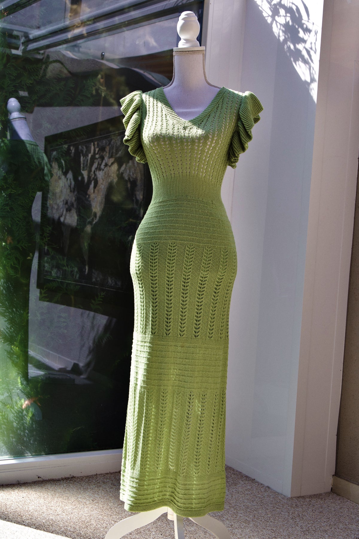 A04 – Robe Natura vert sauge en maille ajourée – Taille XS – Made in Portugal – Seconde main